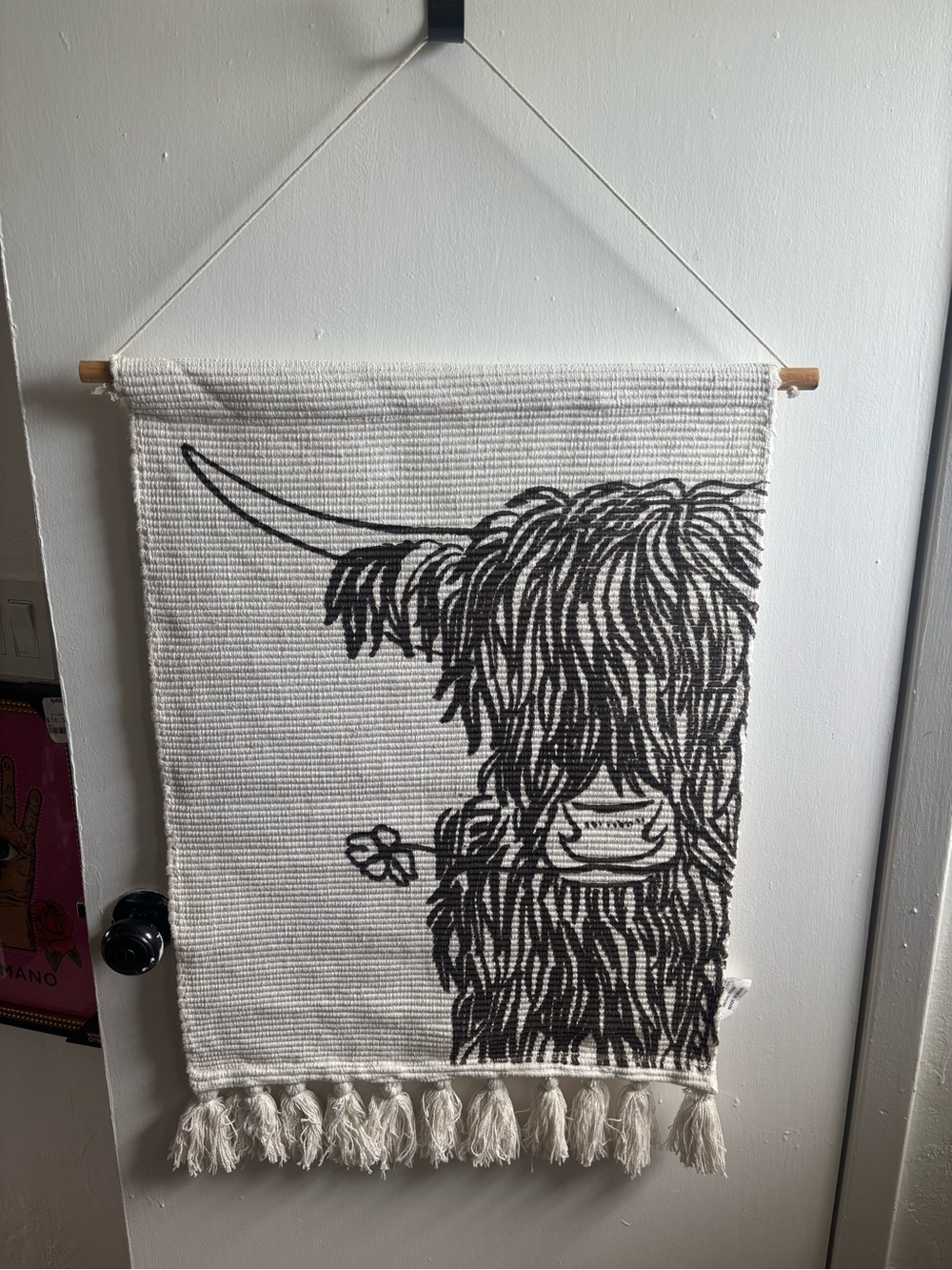 Handwoven Highland Cow Wall Hanging - Cream & Black